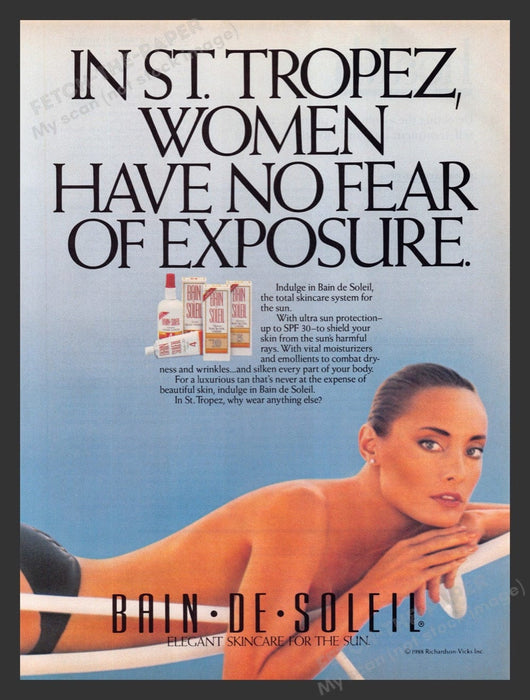 1988 Bain de Soleil St. Tropez Topless Sunbather Print Advertisement Ad