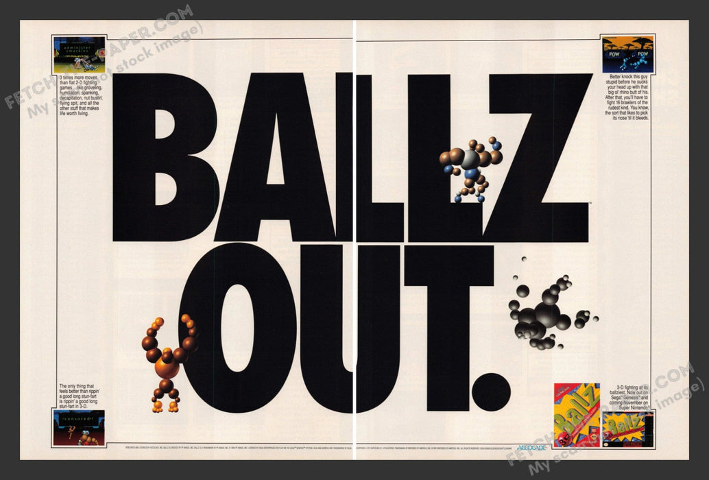 1994 Print Advertisement 2 Page Ballz Out Video Game Ad.