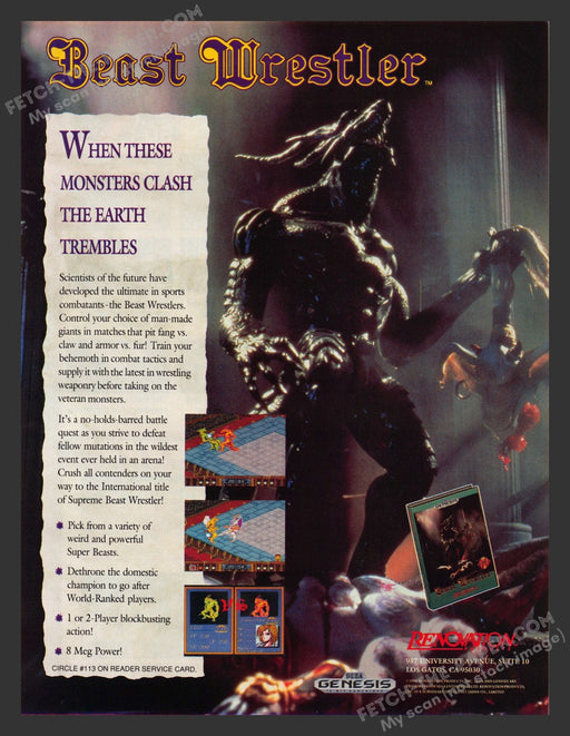1991 Print Advertisement Beast Wrestler Video Game Ad.