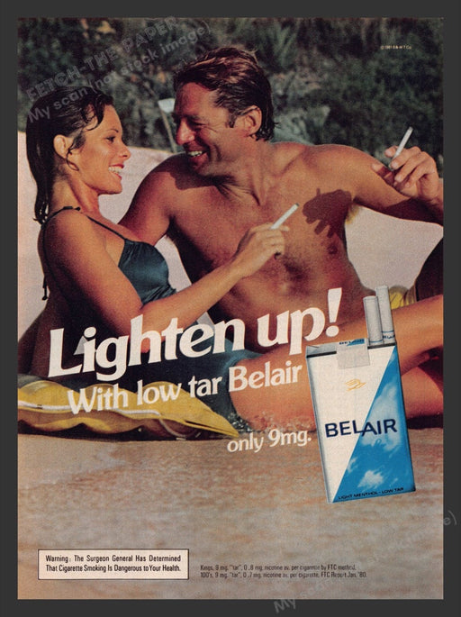 1981 Belair Cigarettes Couple Smoking on Beach Print Advertisement Ad
