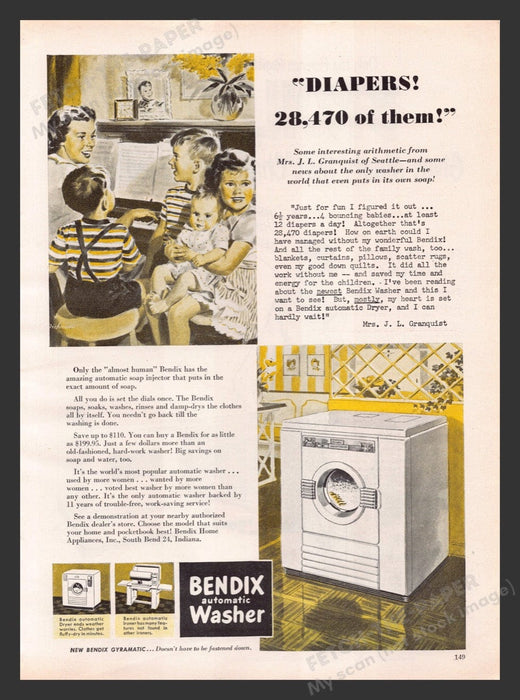 1948 Bendix Automatic Washer "Diapers!" Print Advertisement Ad