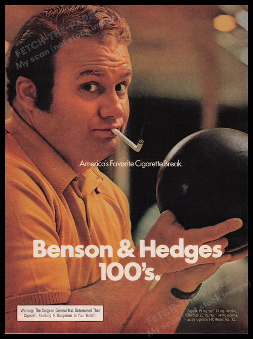 Benson & Hedge's Cigarettes 1970s Print Advertisement Ad 1972 Men's Bowling Fetch the Paper!