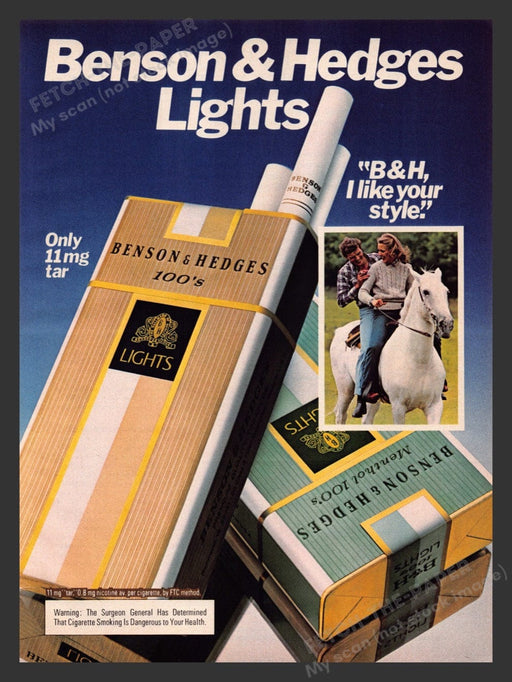 1980 Benson & Hedges Lights Cigarettes Couple On Horse Print Advertisement Ad