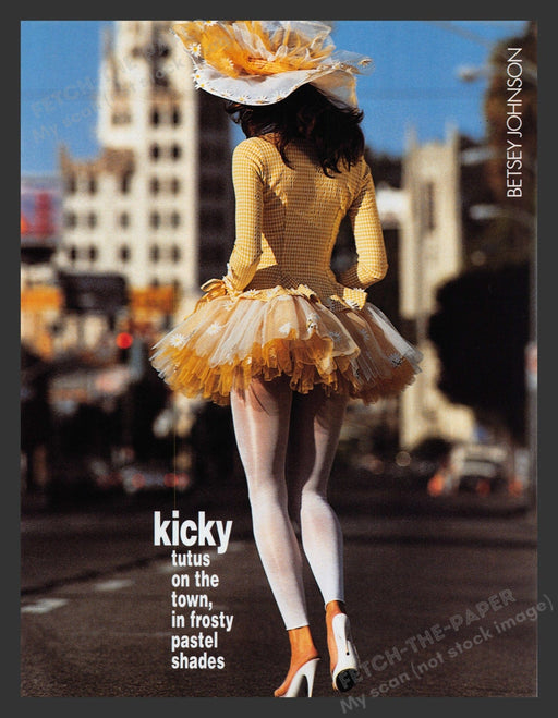 Betsey Johnson 1990s Print Advertisement Tutu Tights Legs Funky Fetch the Paper!