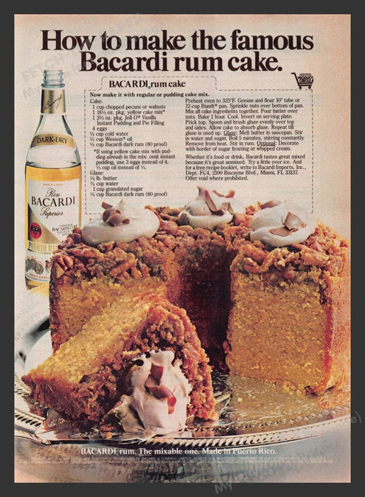 1982 Bicardi Rum Cake Recipe Print Advertisement Ad