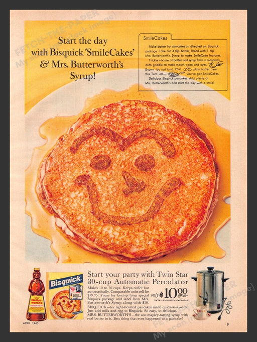 1963 Bisquick & Mrs. Butterworth "SmileCakes" Pancakes Print Advertisement Ad