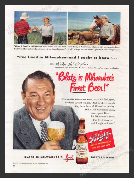 1949 Blatz Beer Victor McLaglen Color Print Advertisement Ad