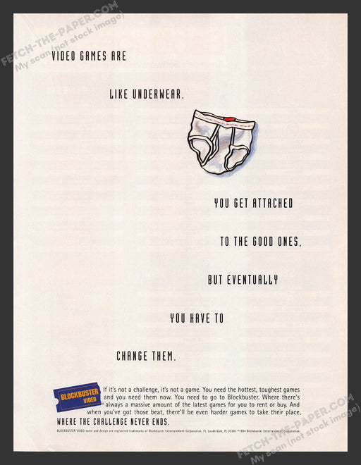1996 Print Advertisement Blockbuster Video Game Rental Underwear Ad.