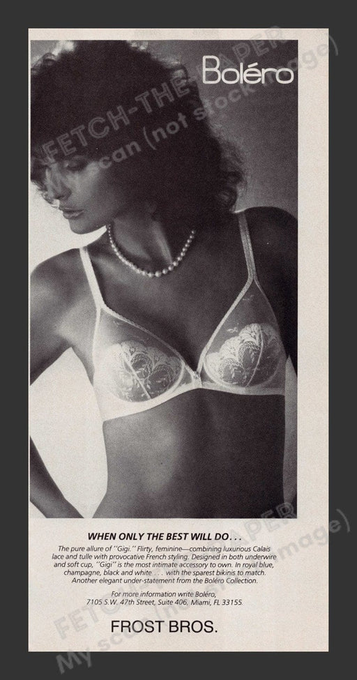Bolero 1980s Print Advertisement 1983 Lingerie "Gigi" Bra Fetch the Paper!