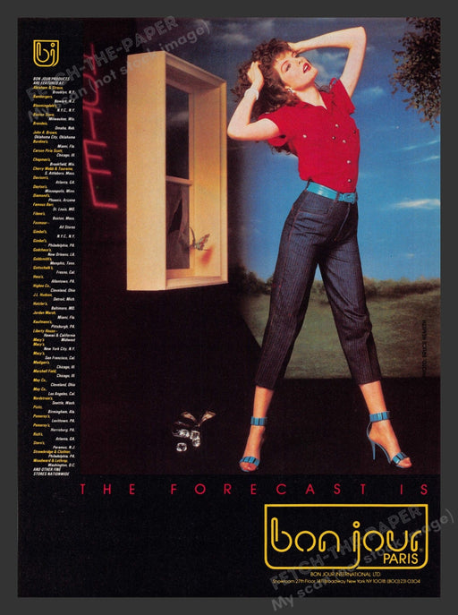 Bon Jour Paris Jeans 1980s Print Advertisement Ad 1983 Sexy Model Legs Shoes Fetch the Paper!