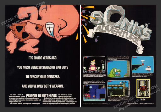 1990 Print Advertisement 2 Page Bonk's Adventure Video Game Ad.