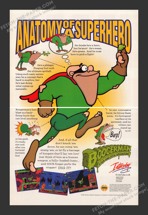 1994 Print Advertisement 2 Page Boogerman Video Game Ad.