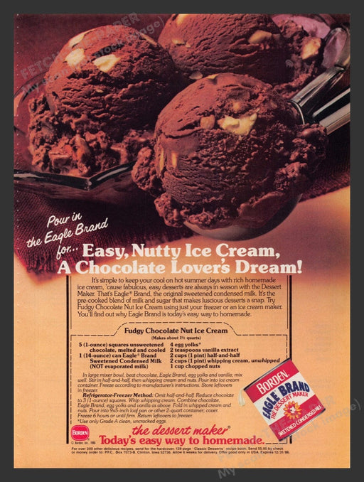 1986 Borden Condensed Milk "Fudgy Chocolate Nut Ice Cream" Recipe Print Ad