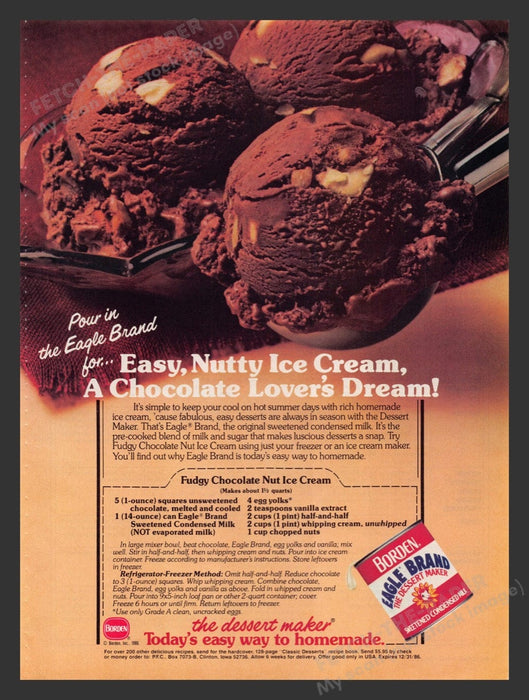 1986 Borden Condensed Milk "Fudgy Chocolate Nut Ice Cream" Recipe Print Ad