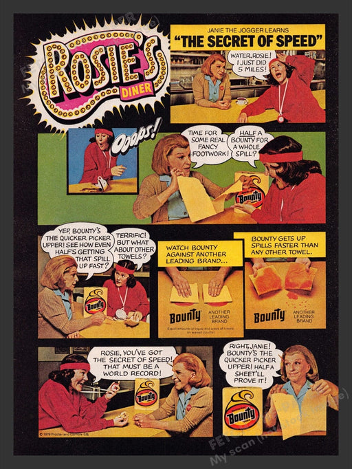 1979 Bounty Rosie's Diner "The Secret of Speed" Comic Print Advertisement Ad