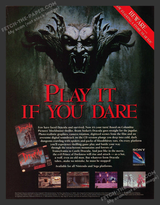 Bram Stoker's Dracula Video Game 1990s Print Advertisement Ad 1993 Fetch the Paper!