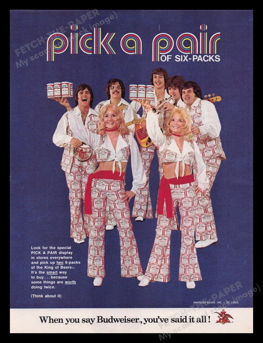 Budweiser Beer 1970s Print Advertisement Ad 1972 Clothing "Pick a Pair" Fetch the Paper!