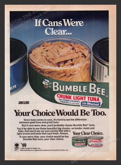1982 Bumble Bee Tuna "If cans were clear" Print Advertisement Ad