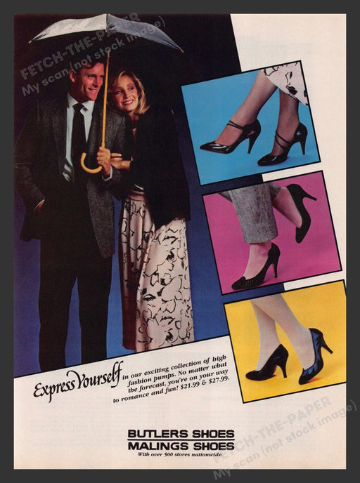 Butlers Malings Hoes Pumps High Heels 1980s Print Advertisement Ad 1985 Fetch the Paper!