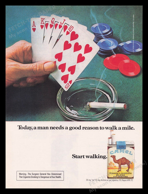 Camel Cigarettes 1970s Print Advertisement Ad 1972 Poker Royal Flush Gambling Fetch the Paper!