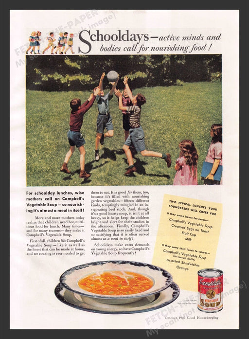 1940 Campbell's Vegetable Soup School Day Playing Ball Print Advertisement Ad