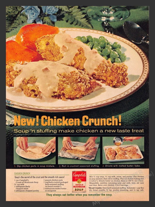 1965 Campbell's Cream of Mushroom Soup "Chicken Crunch" Recipe Print Ad