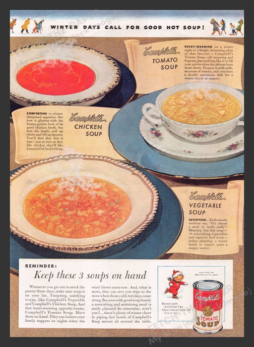 1941 Campbell's Tomato Soup Winter Days Hot Soups Print Advertisement Ad
