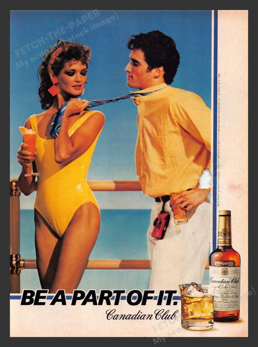 1984 Canadian Club Sexy Girl in Yellow Swimsuit Print Advertisement Ad