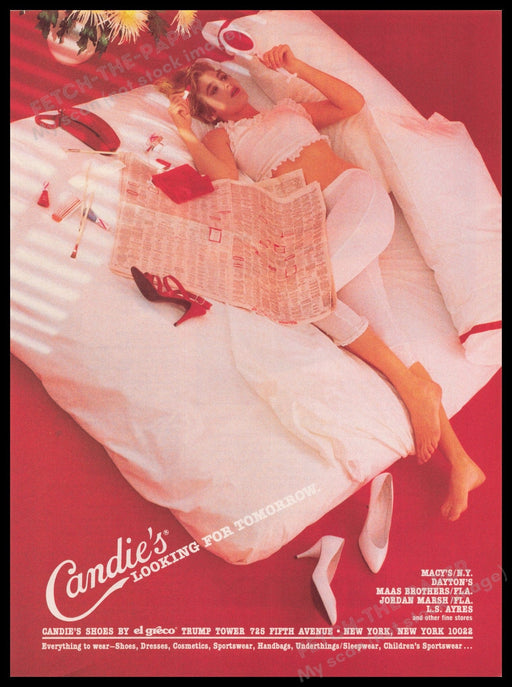 Candie's Shoes 1980s Print Advertisement Ad 1985 Legs Model on Bed Fetch the Paper!