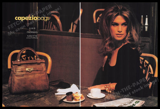 Capezio Bags 1990s Print Advertisement (2 pages) 1991 Cindy Crawford Restaurant Fetch the Paper!