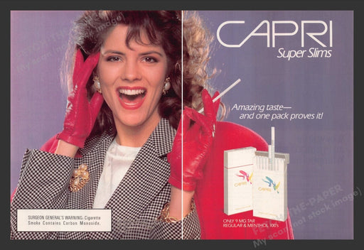 1989 Capri Super Slims Cigarettes Amazing Taste Print Advertisement (2 Pages)
