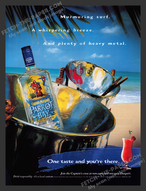 2001 Print Advertisement Captain Morgan's Parrot Bay Rum Puerto Rican Metal Drum.