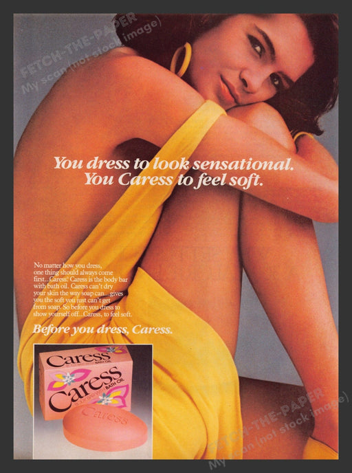 Caress Soap Yellow Dress Sexy Girl Legs 1980s Print Advertisement Ad 1985 Fetch the Paper!