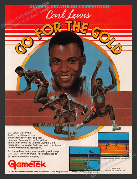 1990 Print Advertisement Carl Lewis Go for the Gold Athlete Video Game Ad.