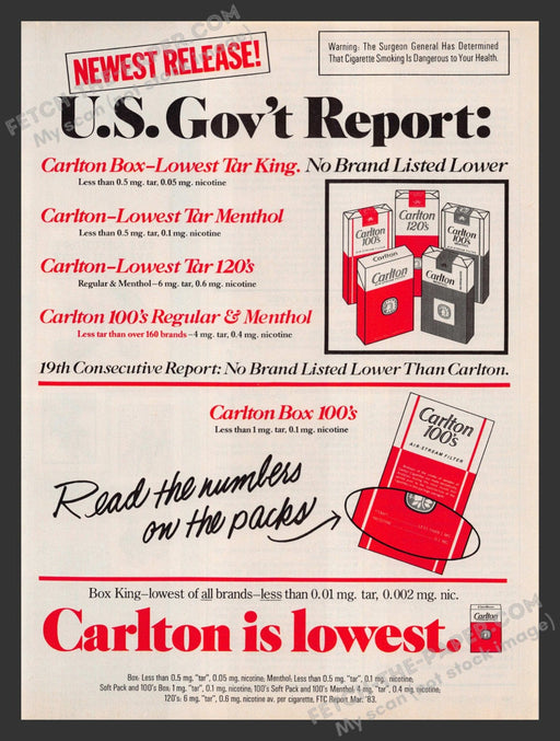 1983 Print Advertisement Carlton 100's Cigarettes Lowest Tar Ad.