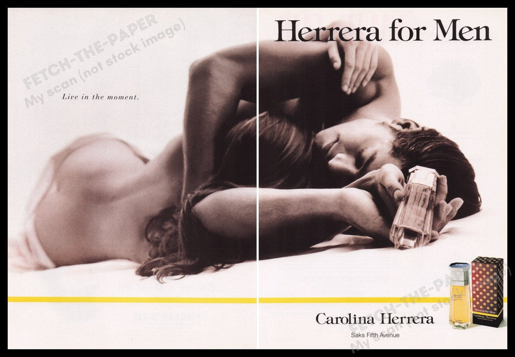 Carolina Herrera Cologne 1990s Print Advertisement (2 pages) 1995 Sexy Couple Fetch the Paper!