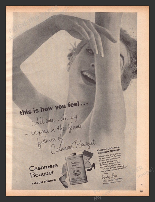 1956 Cashmere Bouquet Talcum Powder Candy Jones Print Advertisement Ad