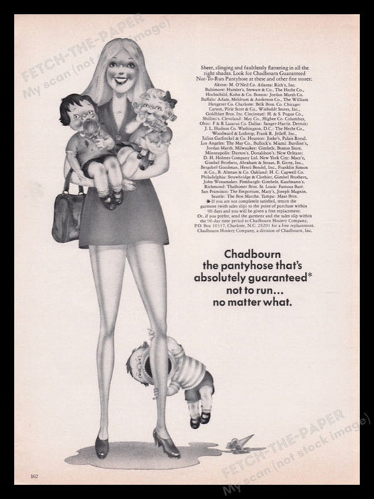Chadbourn Pantyhose 1970s Print Advertisement Ad 1970 Illustration Legs Children Fetch the Paper!