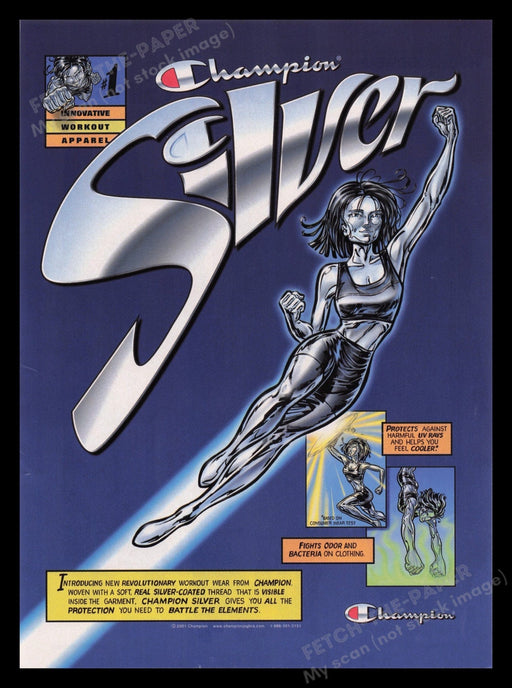 Champion 2000s Print Advertisement Ad 2001 Silver Workout Apparel Illustration Fetch the Paper!