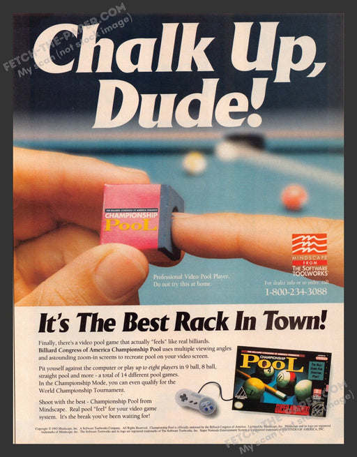 Championship Pool Super Nintendo Video Game 1990s Print Advertisement Ad 1993 Fetch the Paper!