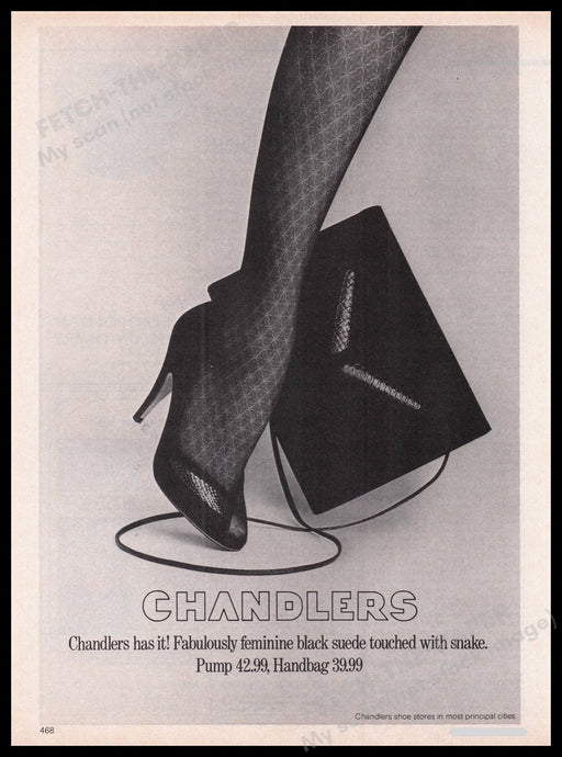 Chandlers Pump 1980s Print Advertisement Ad 1983 Legs Hosiery Black Suede Fetch the Paper!