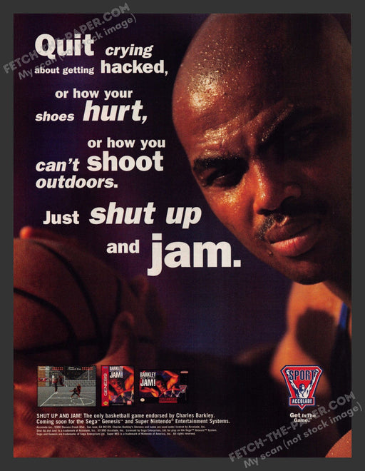 Charles Barkley Shut Up and Jam! Video Game 1990s Print Advertisement Ad Fetch the Paper!
