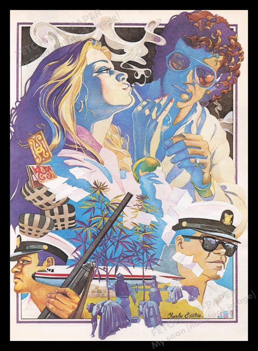 Charles Santore 1970s Illustration 1978 Marijuana Drug Cartel Smoking Couple Fetch the Paper!