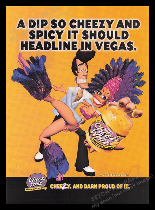 Cheez Whiz 2000s Print Advertisement Ad 2001 Cheezy Vegas Show Girl Fetch the Paper!