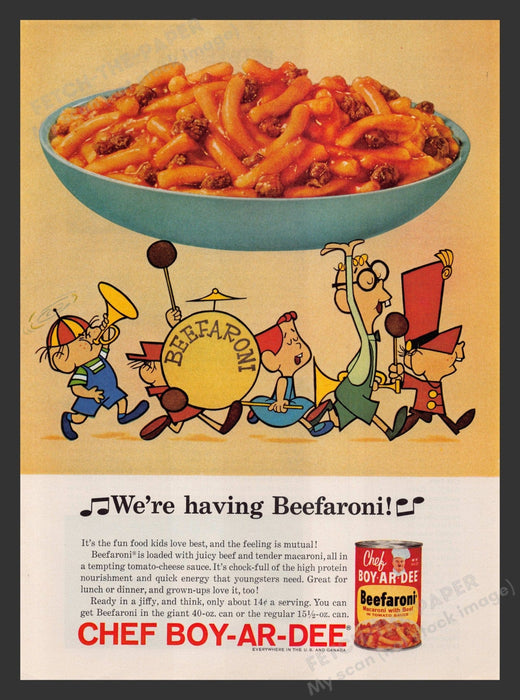 Chef Boy-ar-dee 1960s Print Advertisement 1964 Beefaroni Marching Band Cartoon Fetch the Paper!