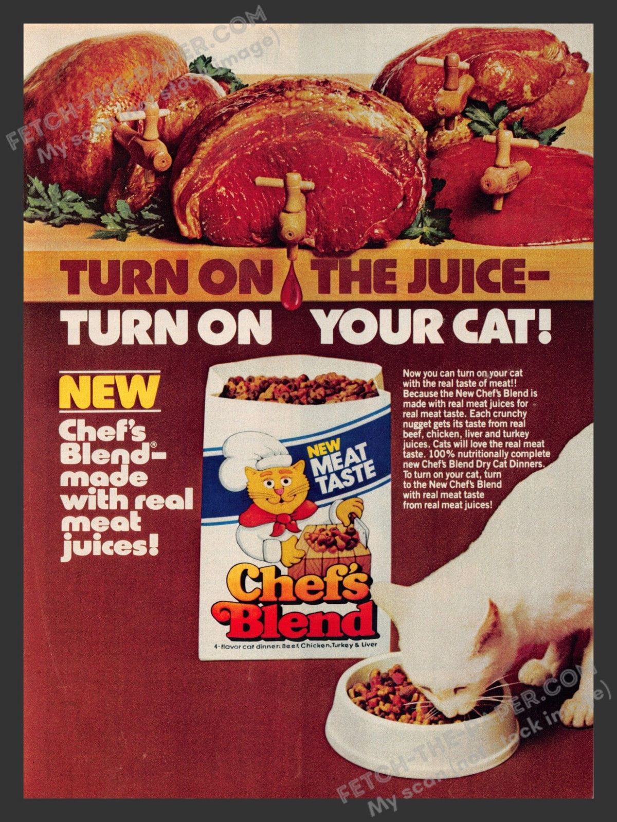 Vintage 1982 Chef's Blend Cat Food Print Ad - White Cat — Fetch-the-Paper