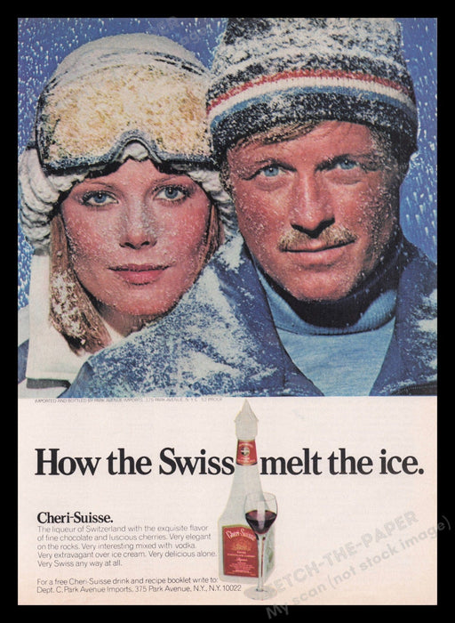 Cheri-Suisse Liqueur 1970s Print Advertisement Ad 1977 Swiss Snowy Couple Fetch the Paper!