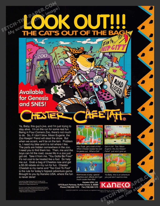 1992 Print Advertisement Chester Cheetah Video Game Ad.