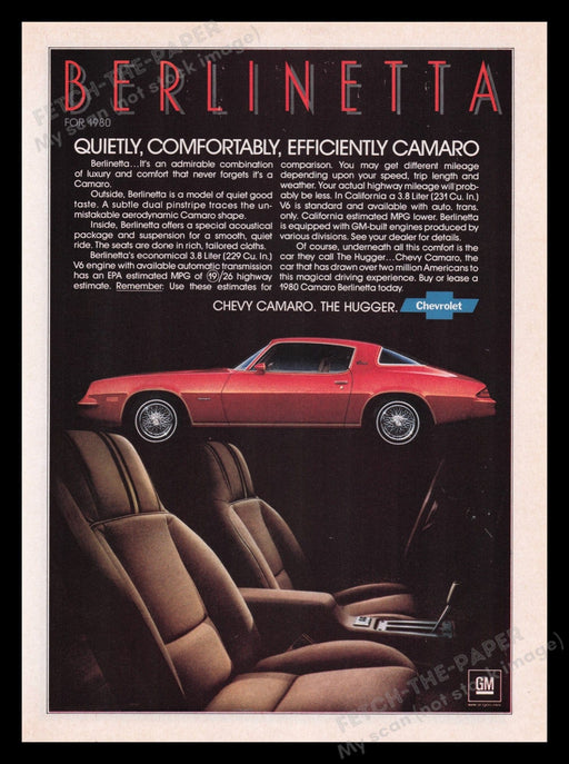Chevrolet Camaro Berlinetta The Hugger 1970s Print Advertisement Ad 1978 Car Fetch the Paper!