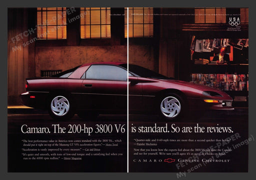 Chevrolet Camaro Car 1990s Print Advertisement Ad (2 pages) 1996 USA Olympic Fetch the Paper!